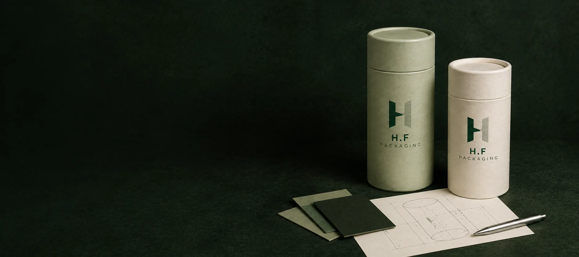 H.F Packaging paper tube samples and material swatches on a forest-green worktable
