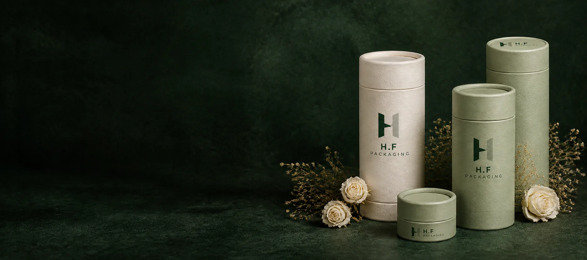 Ivory and sage cosmetic paper tubes with H.F Packaging logos on a deep green studio backdrop