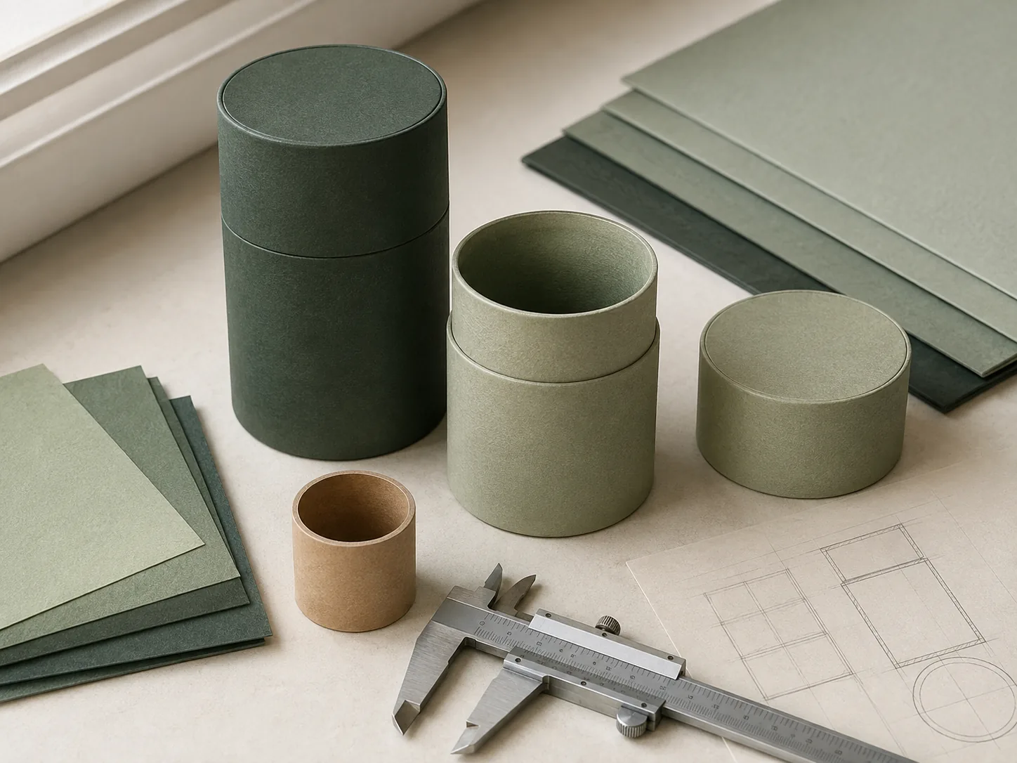 Concept scene of green paper tube prototypes, material swatches and a measuring caliper