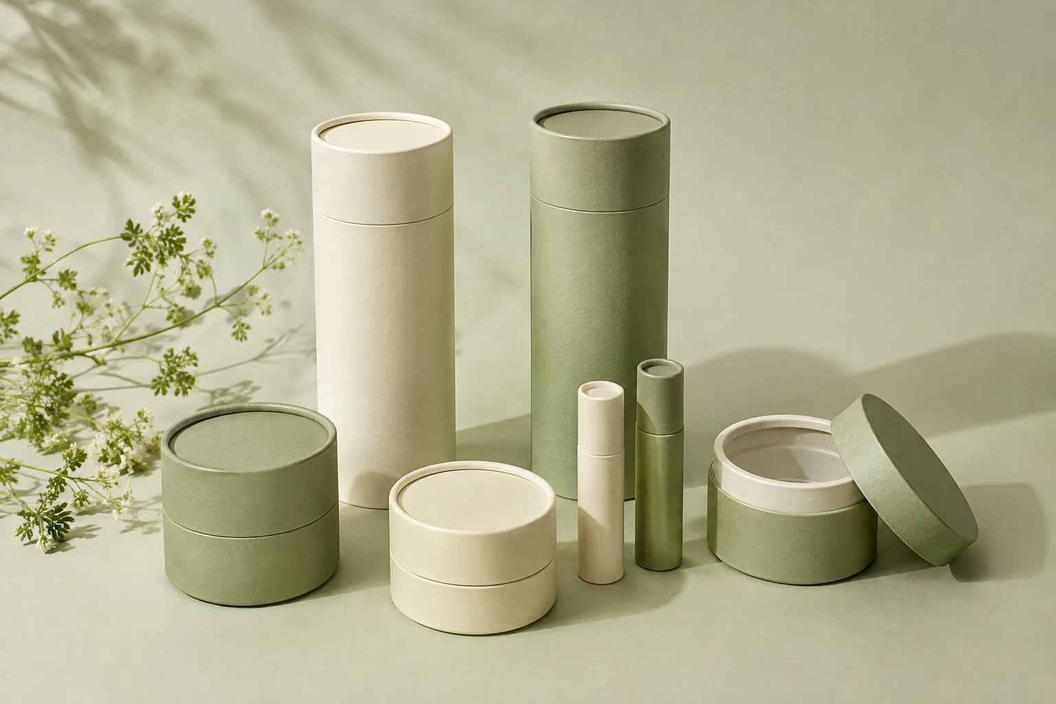 Ivory and sage cosmetic paper tubes, skincare jars and lip balm packaging