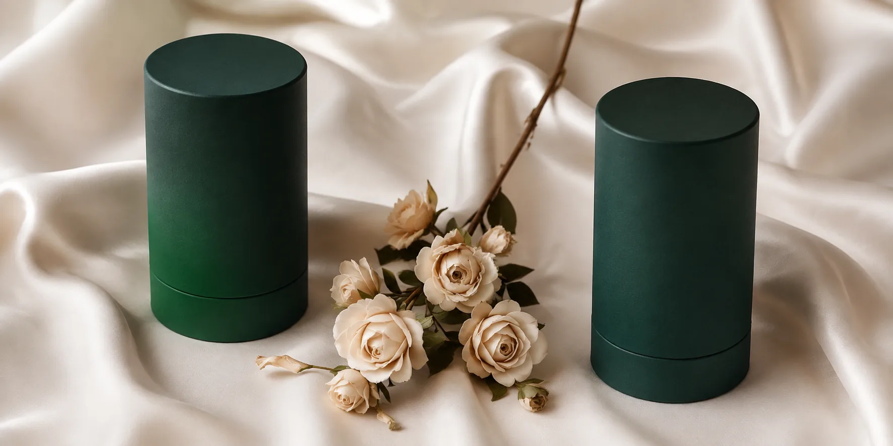 Deep green cosmetic paper tubes on ivory silk