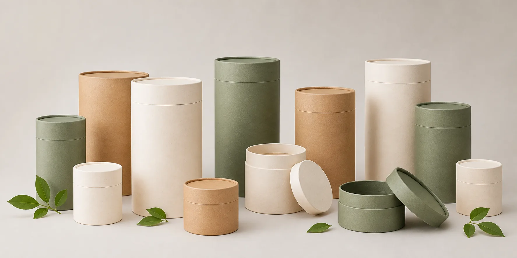 Ivory, kraft and sage paper tube gift packaging assortment