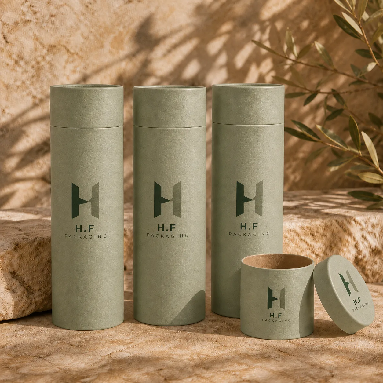 Sage green paper tube packaging with clean H.F Packaging logos