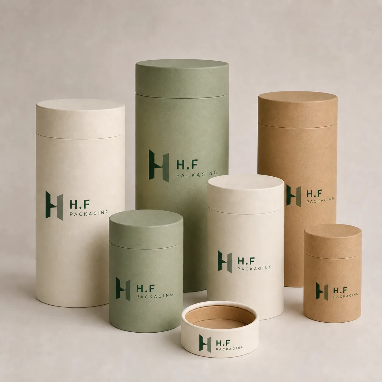 Ivory, sage and kraft paper tubes printed with the H.F Packaging logo