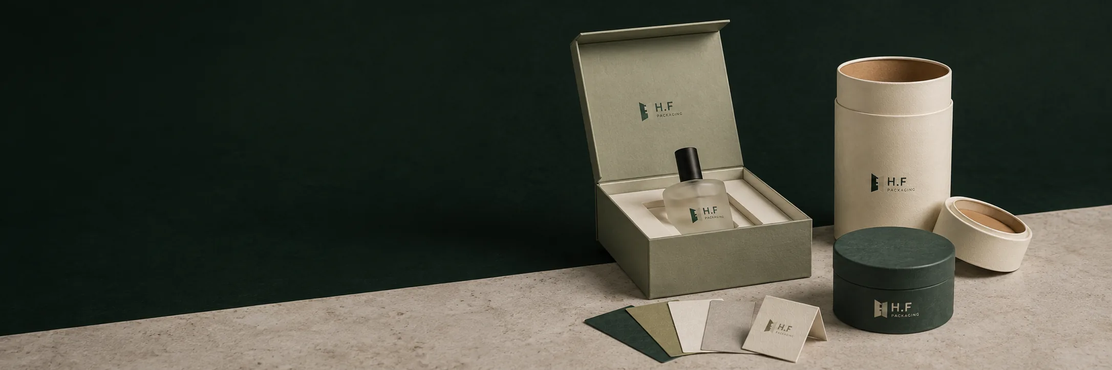 H.F Packaging custom gift box, fitted insert, paper tubes and material swatches